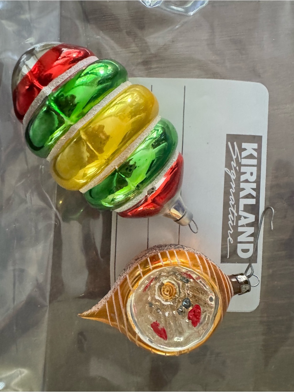 Vintage Hand blown (2)Red, Green & Yellow Glass Holiday Ornaments